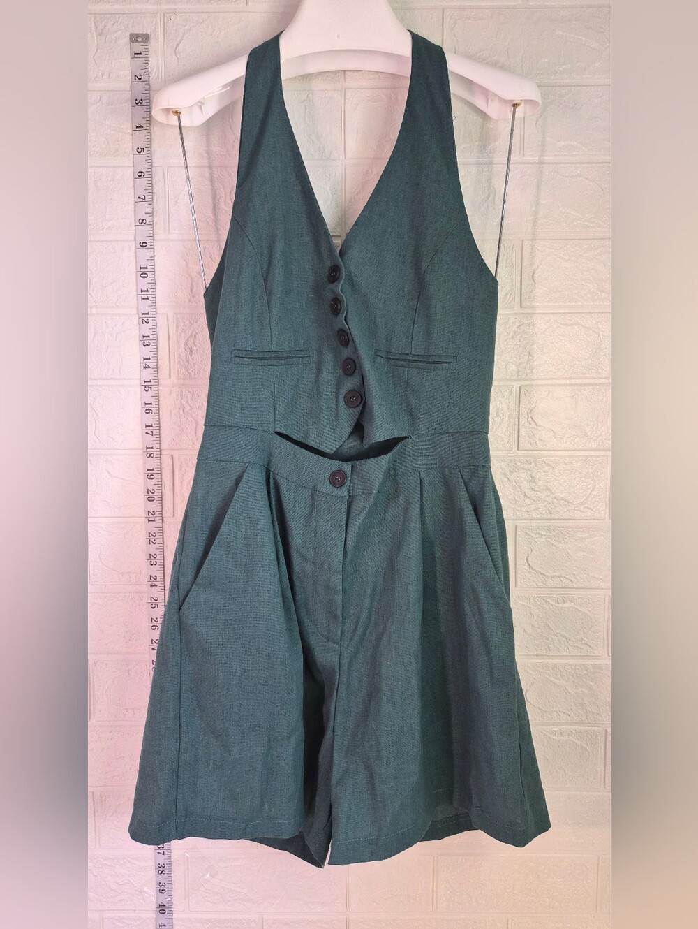 Green linen-cotton blend V-neck playsuit jumper chic halter Size L